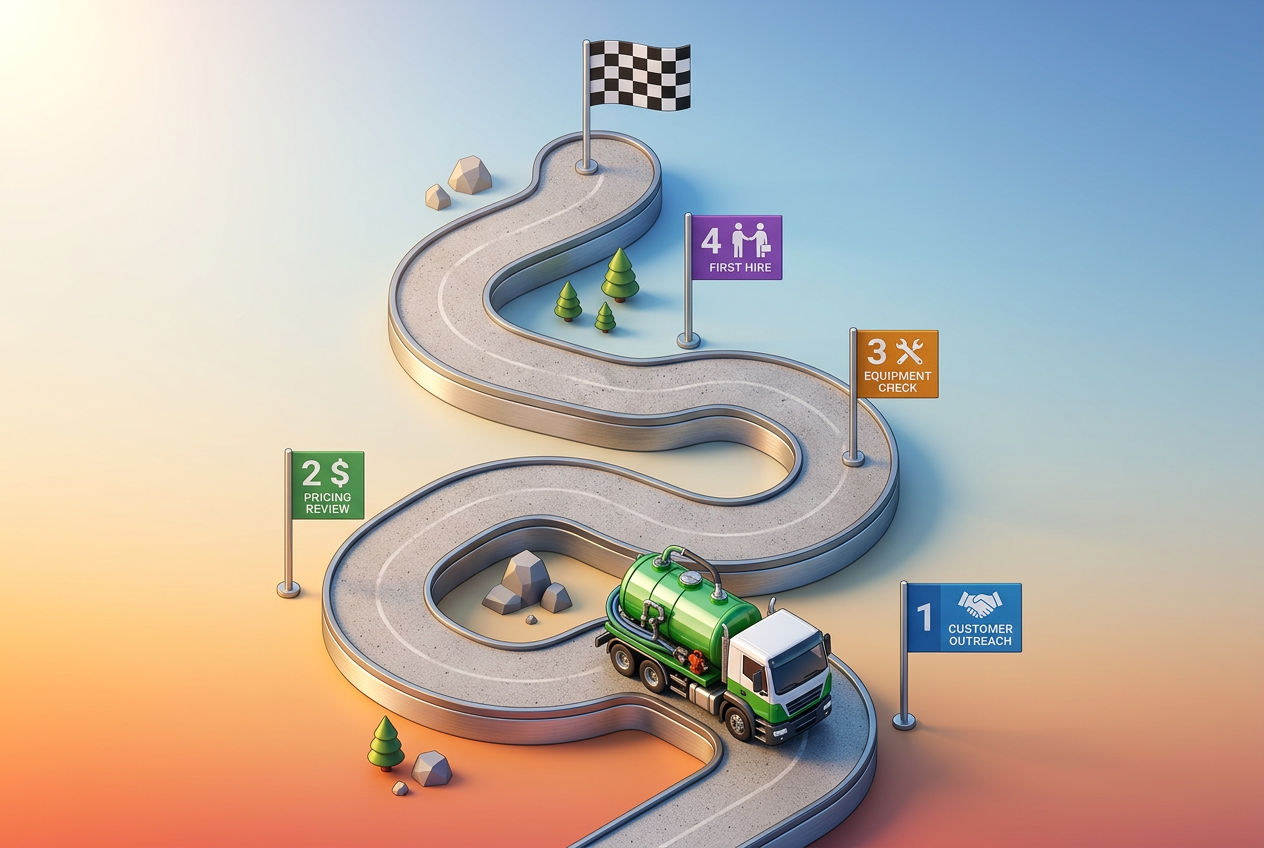 3D isometric 90-day roadmap with a septic truck driving past numbered milestone flags toward a finish flag after buying a septic business