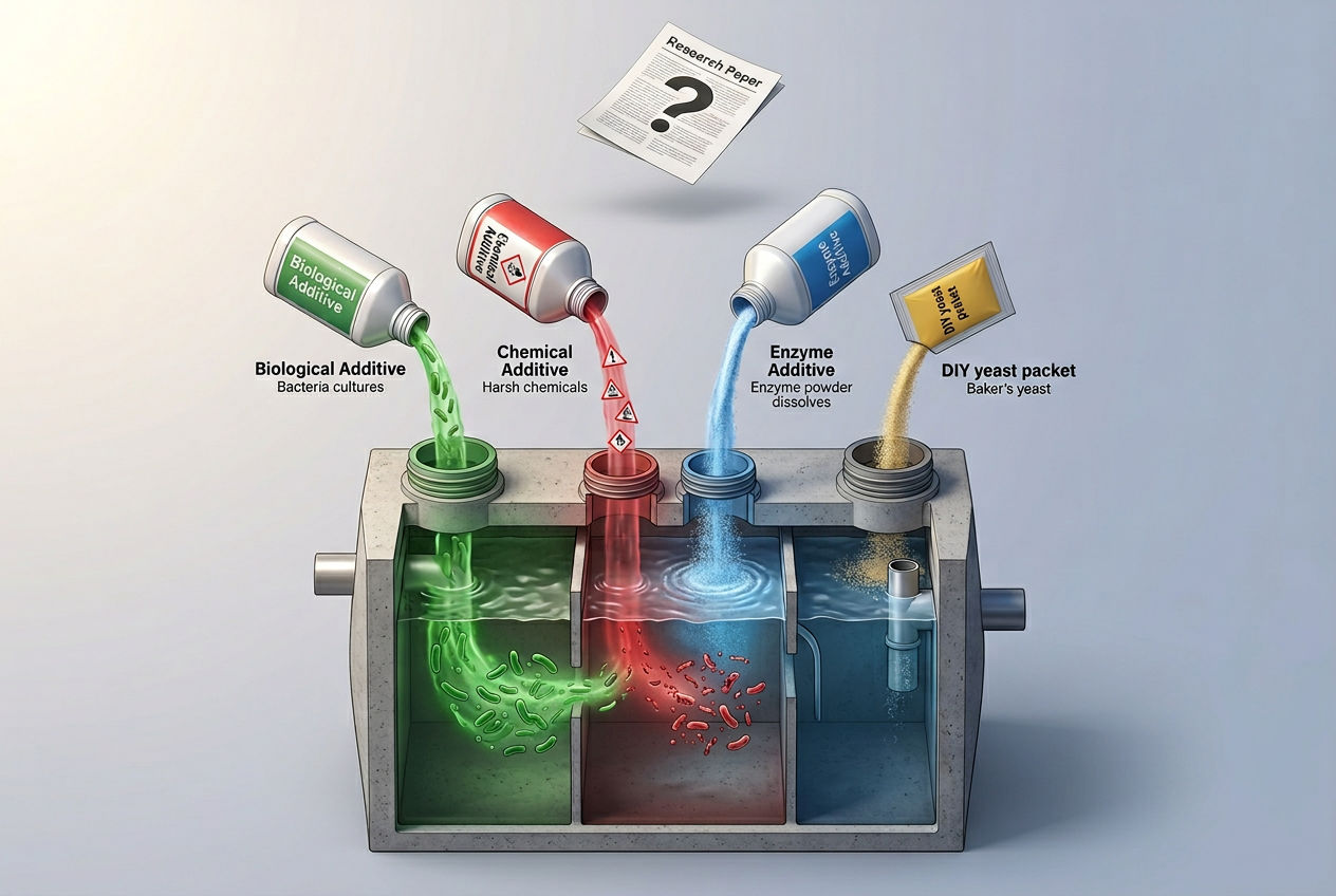 3D visualization showing four types of septic additives being added to a tank with different effects on bacteria