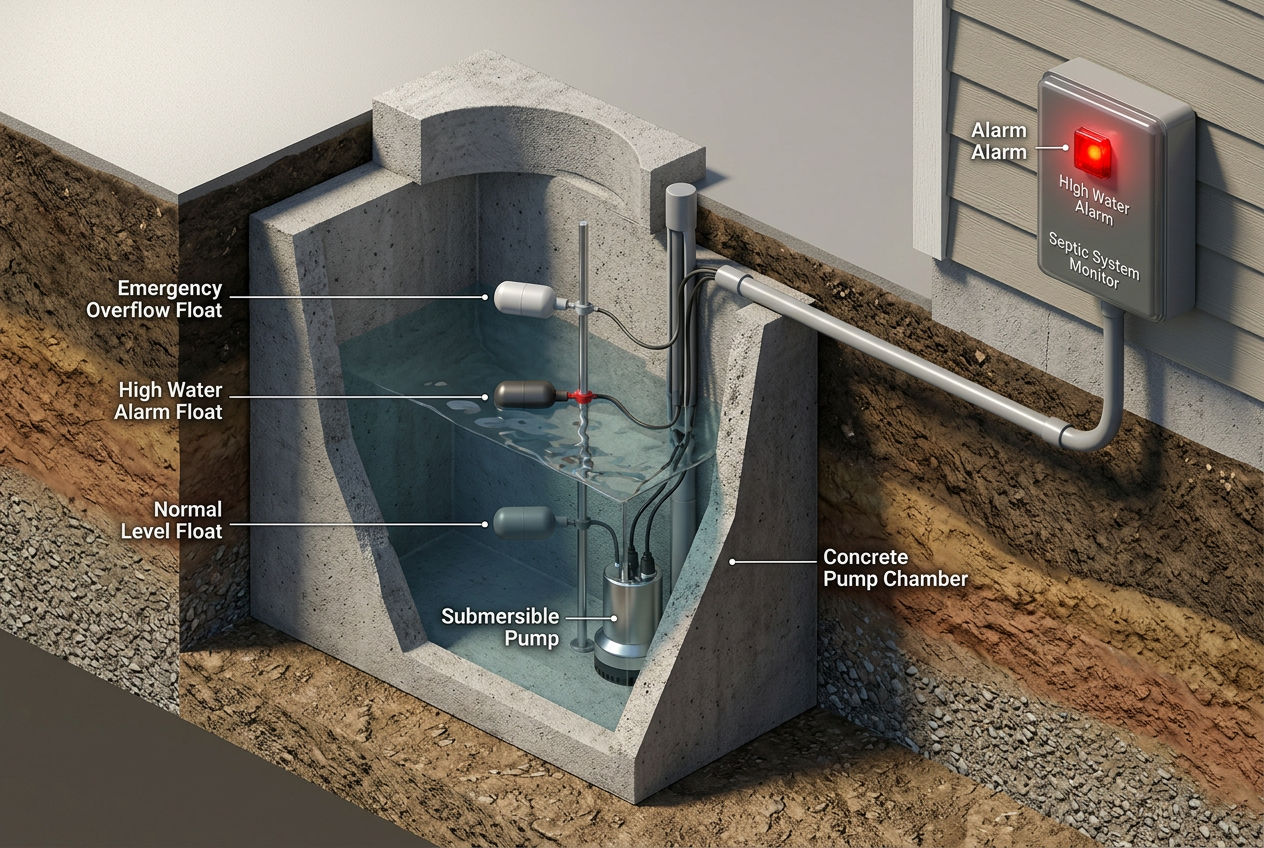 3D diagram showing septic tank alarm system with float switches at different levels connected to wall-mounted alarm panel