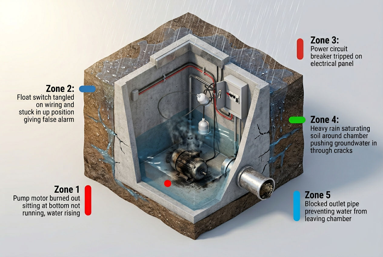 3D pump chamber cutaway showing five different causes that trigger a septic alarm: pump failure, stuck float, tripped breaker, infiltration, blockage