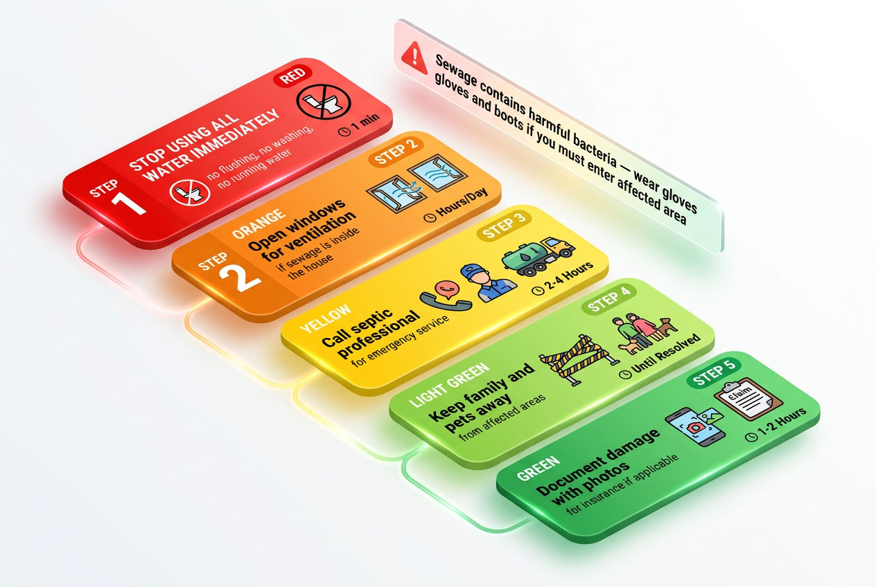 3D five-step emergency response guide for a septic system backup from stopping water use to documentation