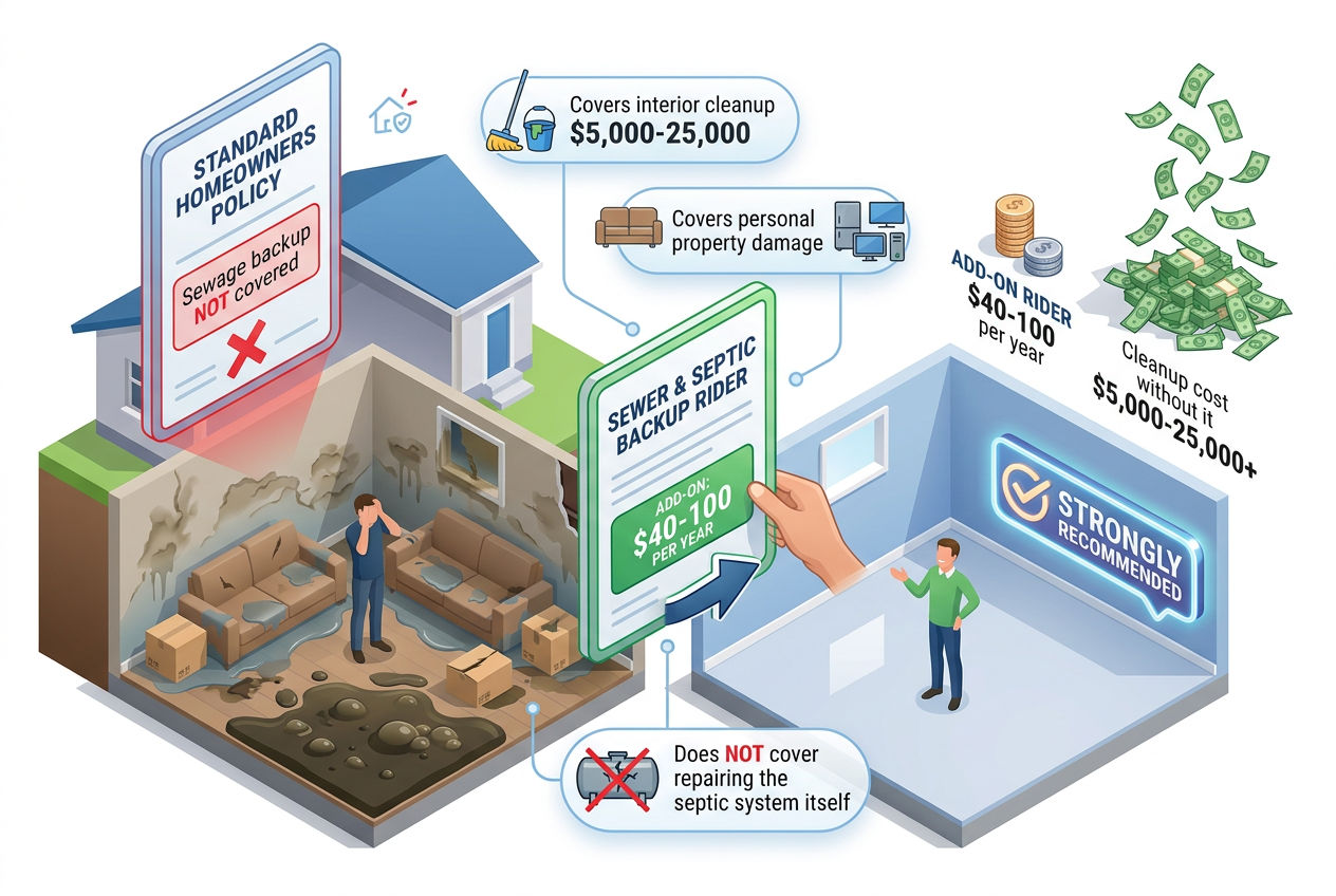 3D infographic explaining septic backup insurance coverage add-on costs and protection