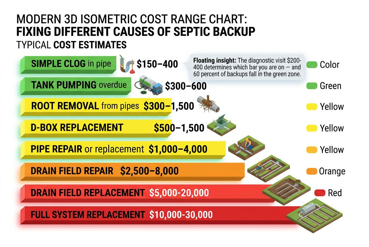 3D cost range chart showing repair costs for different septic backup causes from $150 clogs to $30,000 replacement