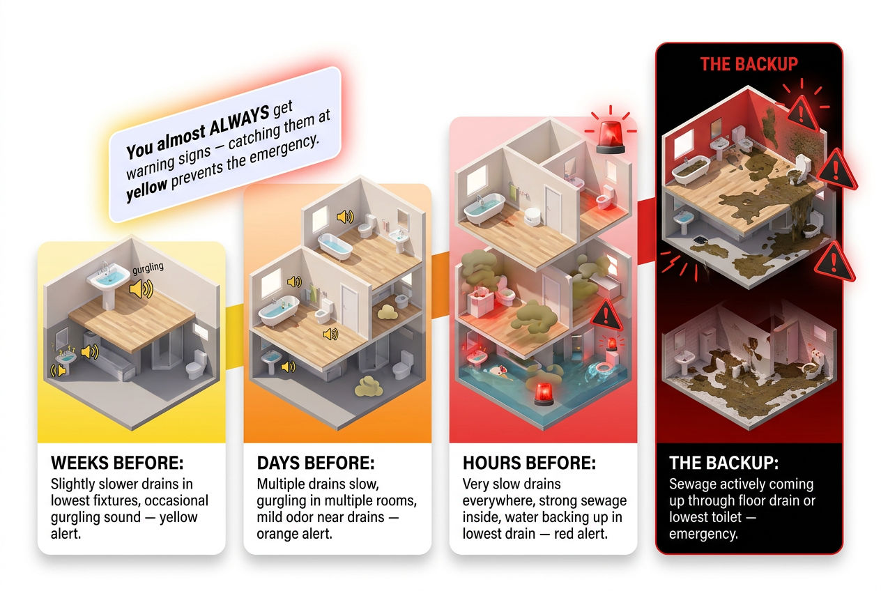 3D escalating timeline showing warning signs appearing weeks to hours before a septic system backup