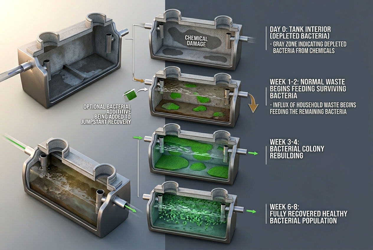 3D recovery timeline showing septic bacteria rebuilding over 6-8 weeks after chemical damage from depleted to fully healthy