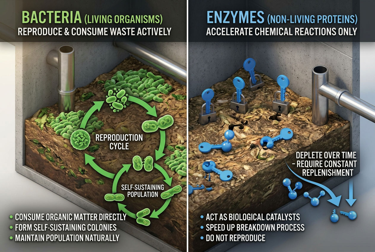 3D comparison showing living self-reproducing bacteria versus non-living depleting enzymes working on septic waste