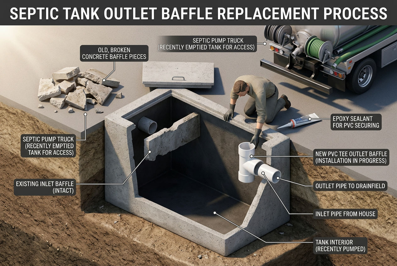 3D scene showing technician installing new PVC tee baffle in open septic tank with old broken baffle pieces on ground