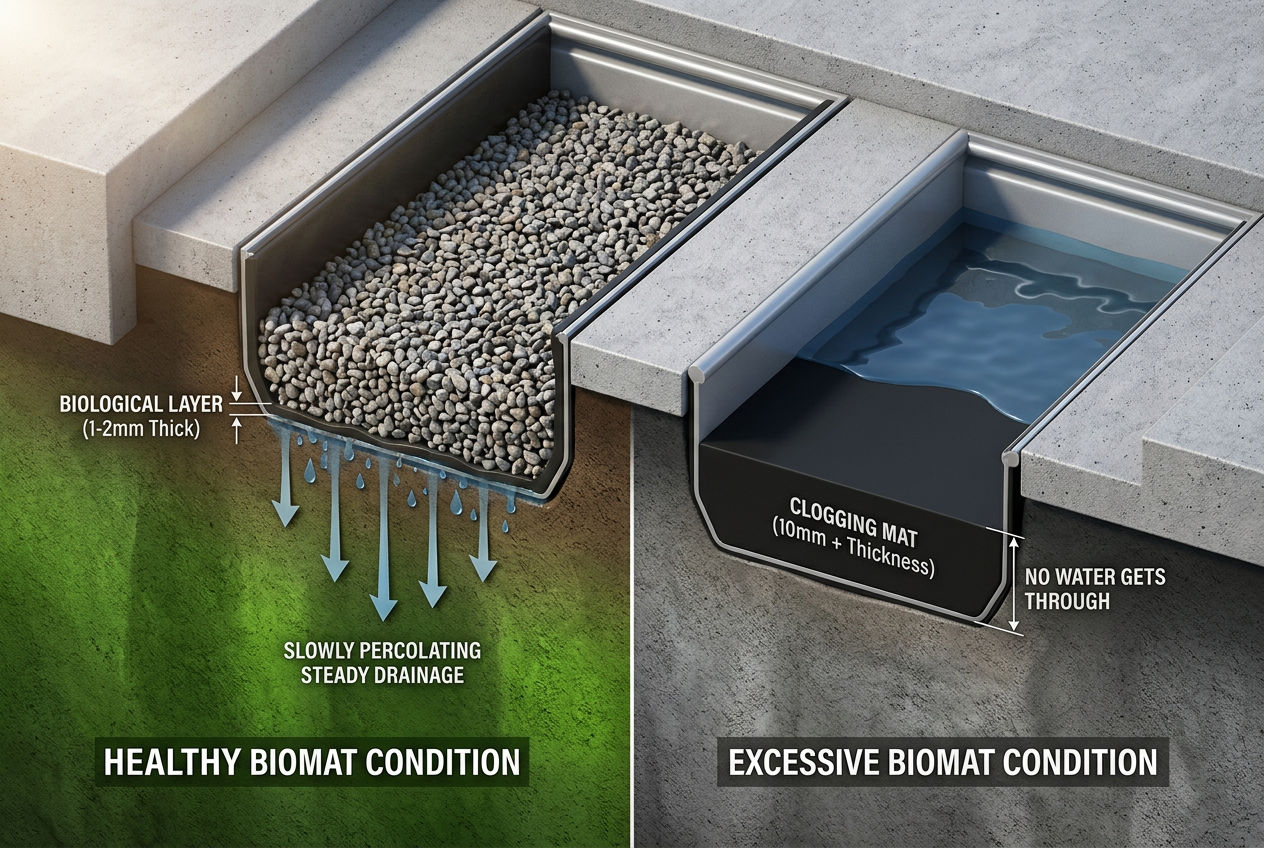3D cross-section comparing thin healthy biomat allowing drainage versus thick excessive biomat blocking all water flow
