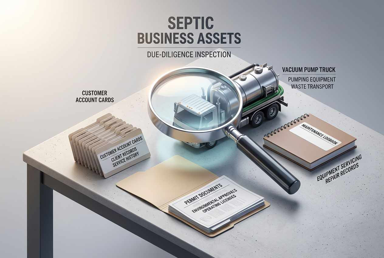 3D isometric magnifying glass inspecting a septic business's truck, customer accounts, permits and maintenance logbook during due diligence
