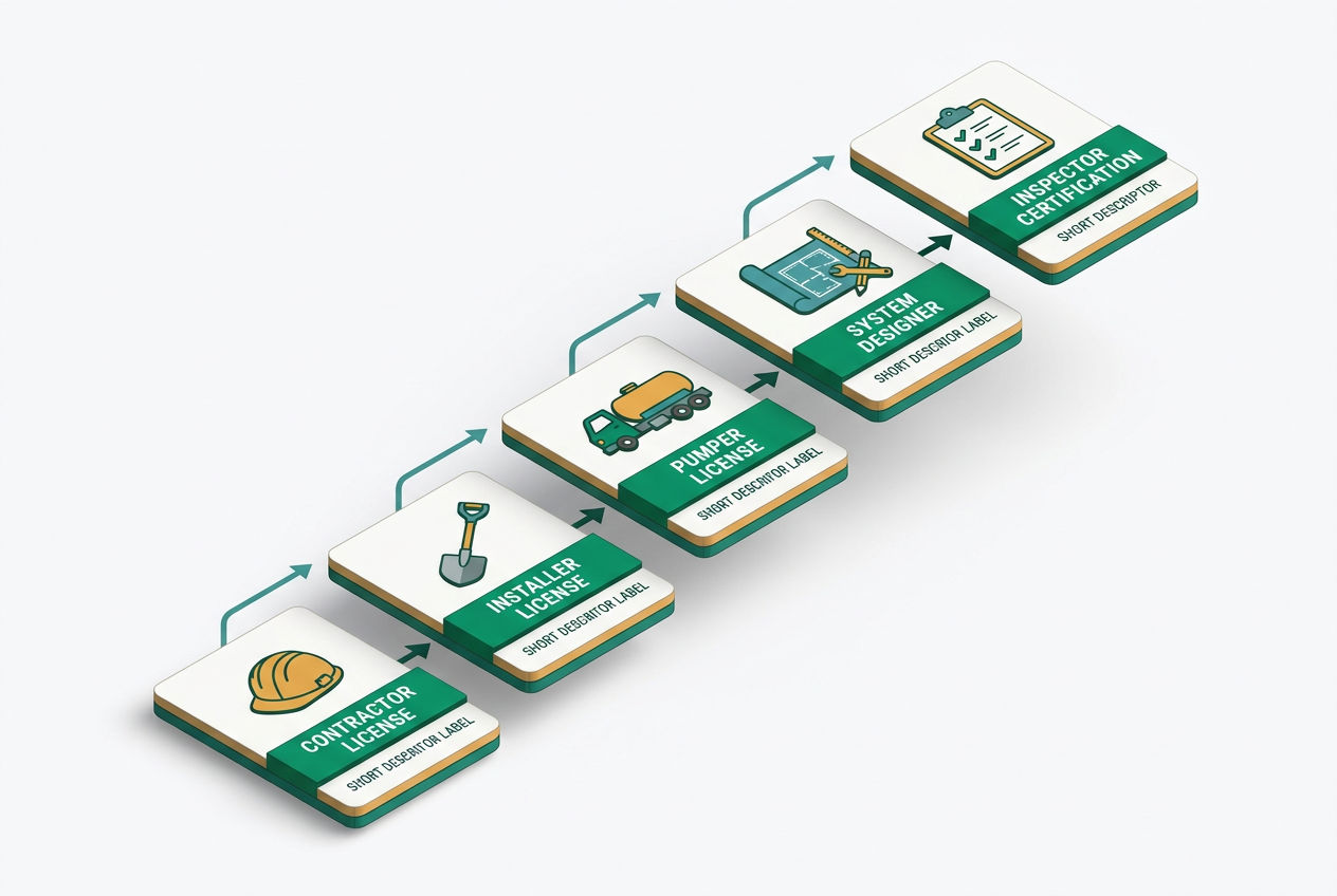 Isometric infographic showing 5 septic business license types as stacked cards: contractor, installer, pumper, designer, inspector.