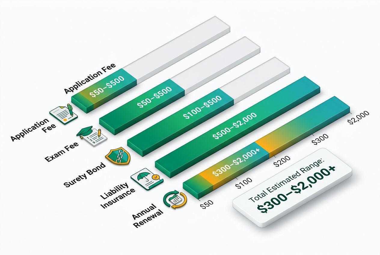 3D bar chart infographic comparing septic contractor license costs: exam fees, application, insurance, bonding, and renewal expenses.