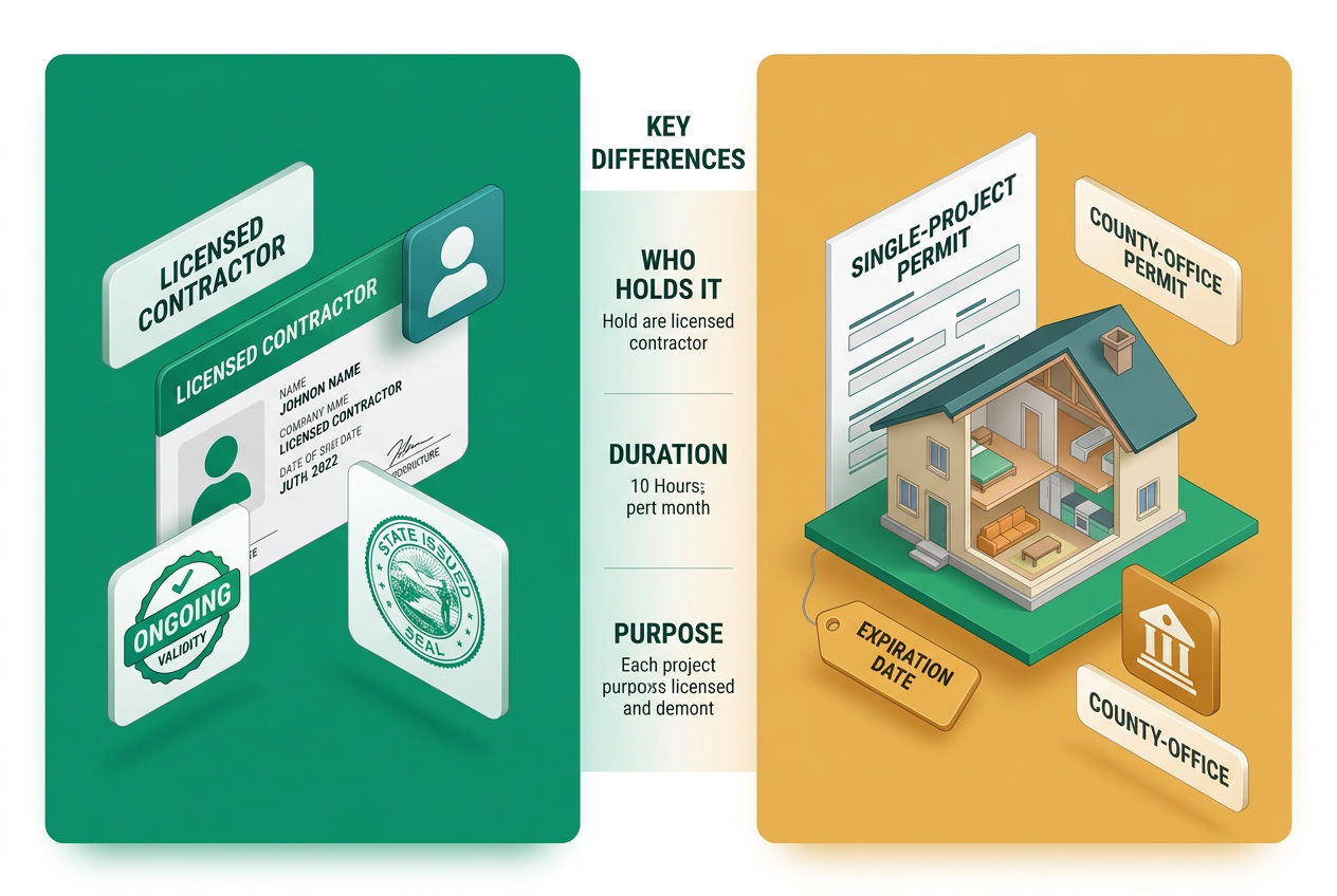 Split-panel isometric diagram comparing septic business license on left versus septic permit on right with key distinctions labeled.
