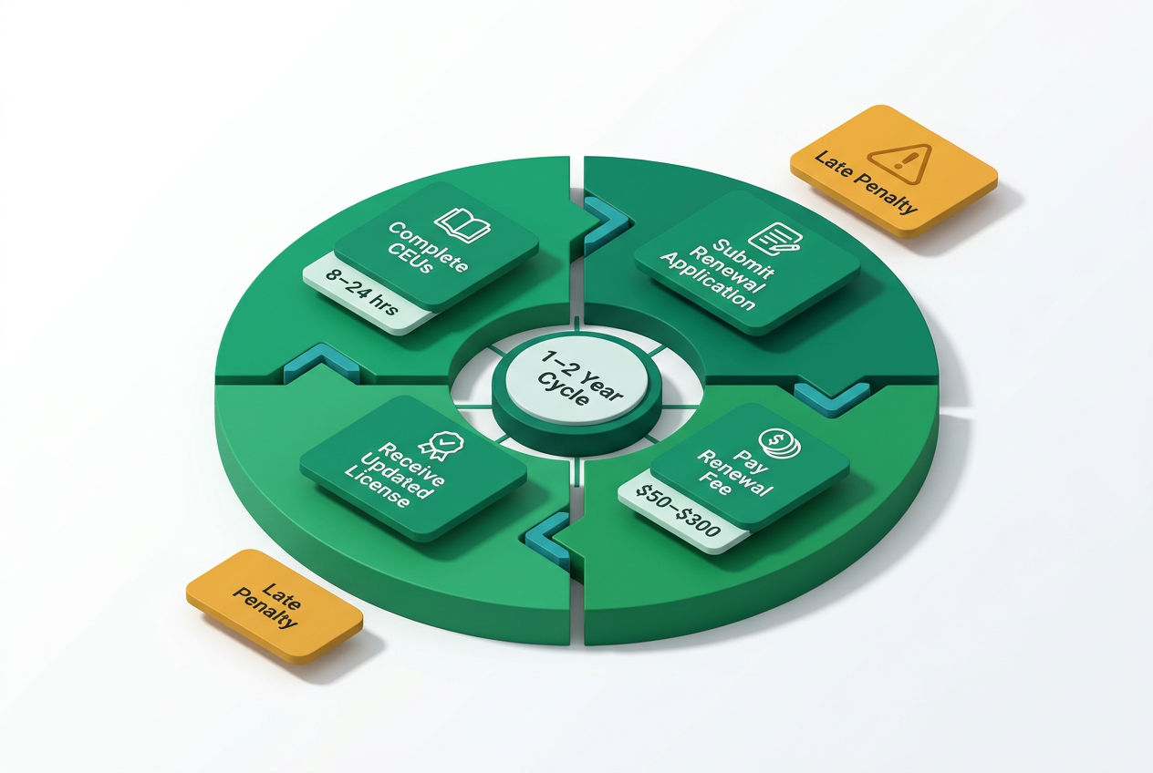 Circular renewal cycle infographic showing CEU hours, renewal deadlines, course types, and late-penalty warnings for septic license renewal.