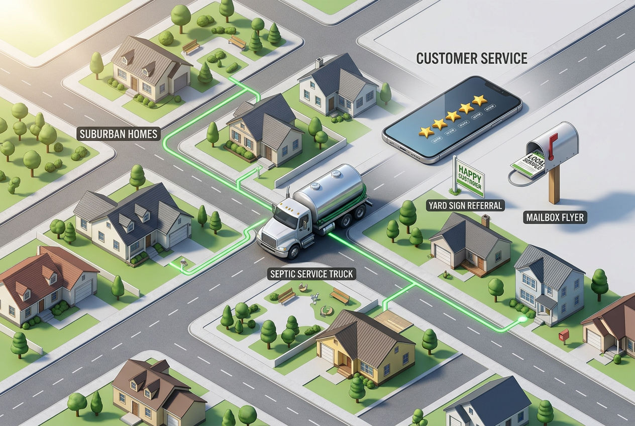 3D isometric neighborhood map with a septic truck connected by route lines to houses, a five-star phone, and a yard sign representing customer acquisition