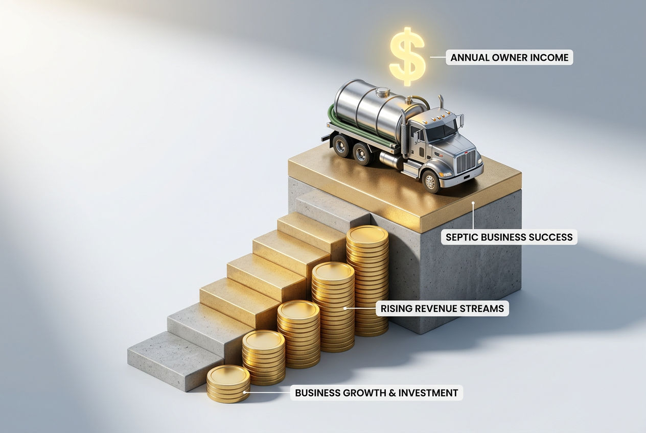 3D isometric staircase of gold coin stacks leading up to a septic pump truck representing a septic business owner's annual income