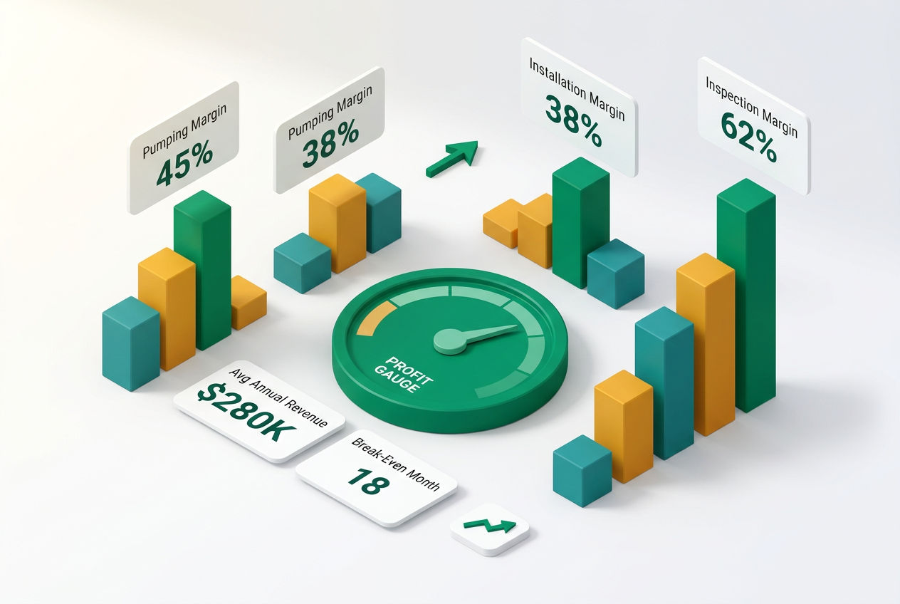 3D isometric infographic showing septic business profit margins, revenue bars, and ROI indicators with emerald green accents.