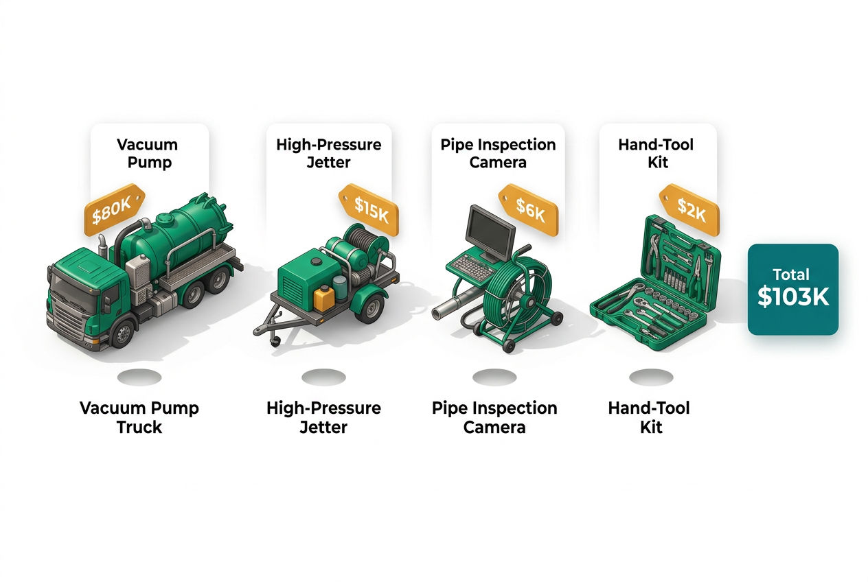 3D isometric equipment lineup showing vacuum truck, jetter, inspection camera, and hand tools with labeled price tags for startup costs.