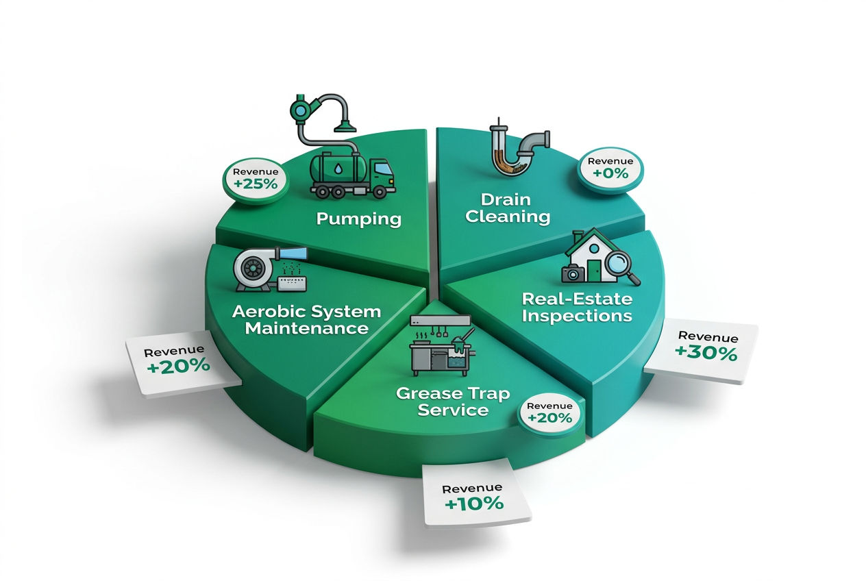 Isometric revenue diversification wheel showing septic pumping, drain cleaning, inspections, grease trap, and aerobic systems as service segments.