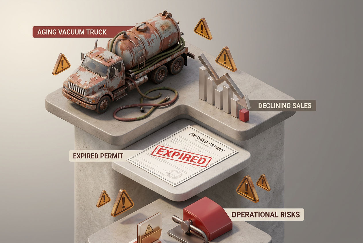 3D isometric warning scene of red flags when buying a septic business including a rusty truck, declining chart, expired permit and caution icons