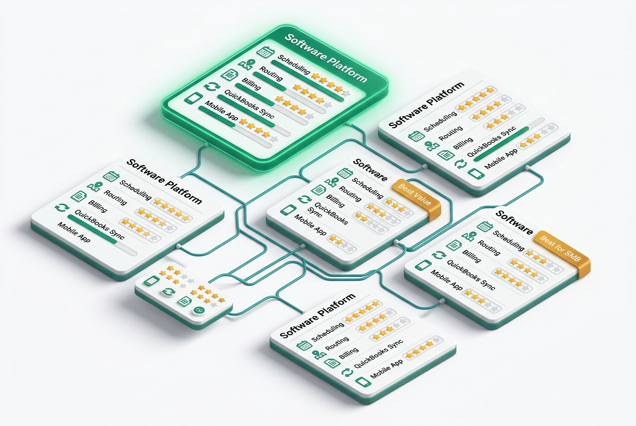 3D isometric comparison matrix of top septic business software platforms showing ratings for scheduling, routing, billing, and integrations.