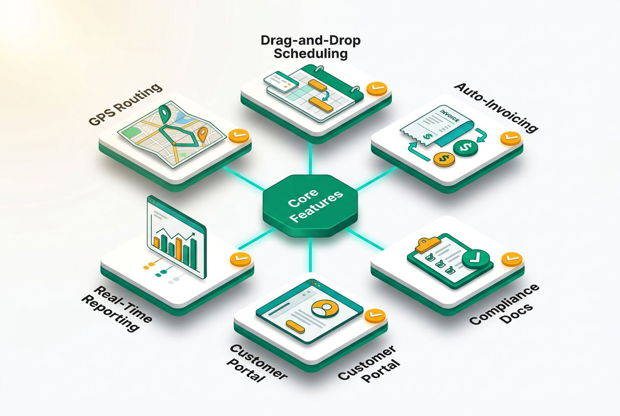 Isometric hexagon feature checklist showing must-have septic software capabilities including scheduling, routing, invoicing, compliance, and reporting