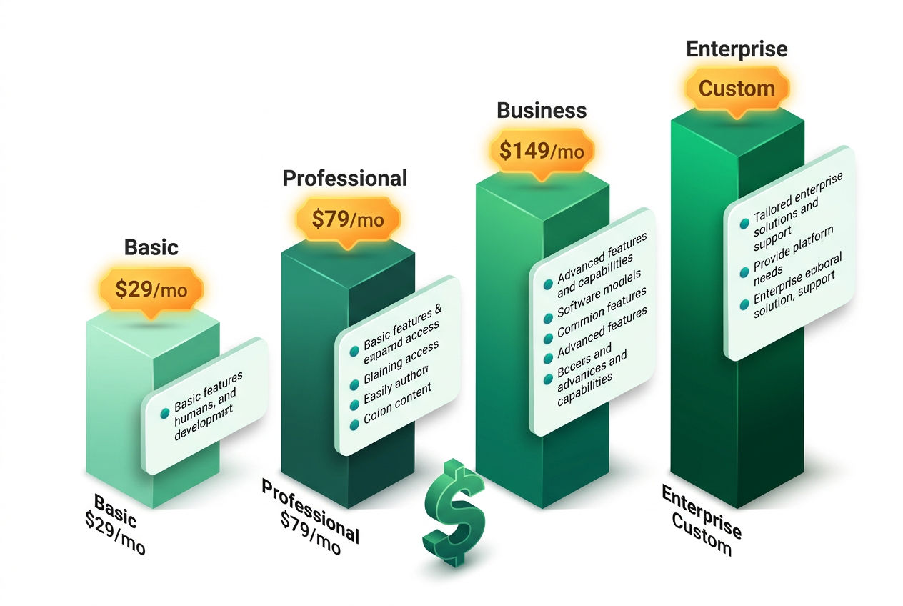 3D isometric bar chart comparing monthly cost tiers of septic business software from basic to enterprise with feature unlocks at each level.
