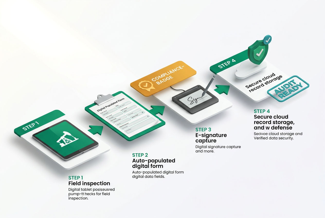 Isometric step-flow diagram showing septic inspection compliance documentation process from site inspection through digital report submission and reco