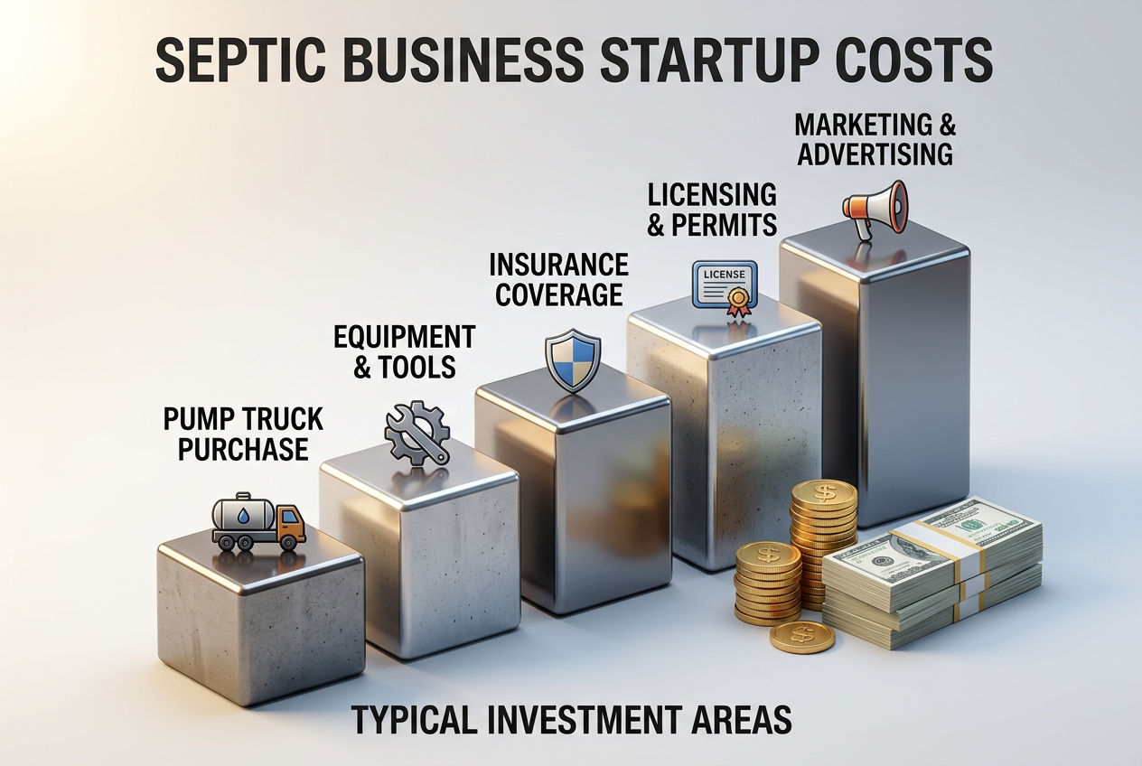 3D isometric infographic of septic business startup costs shown as ascending blocks with truck, tools, insurance, license and marketing icons and gold coins
