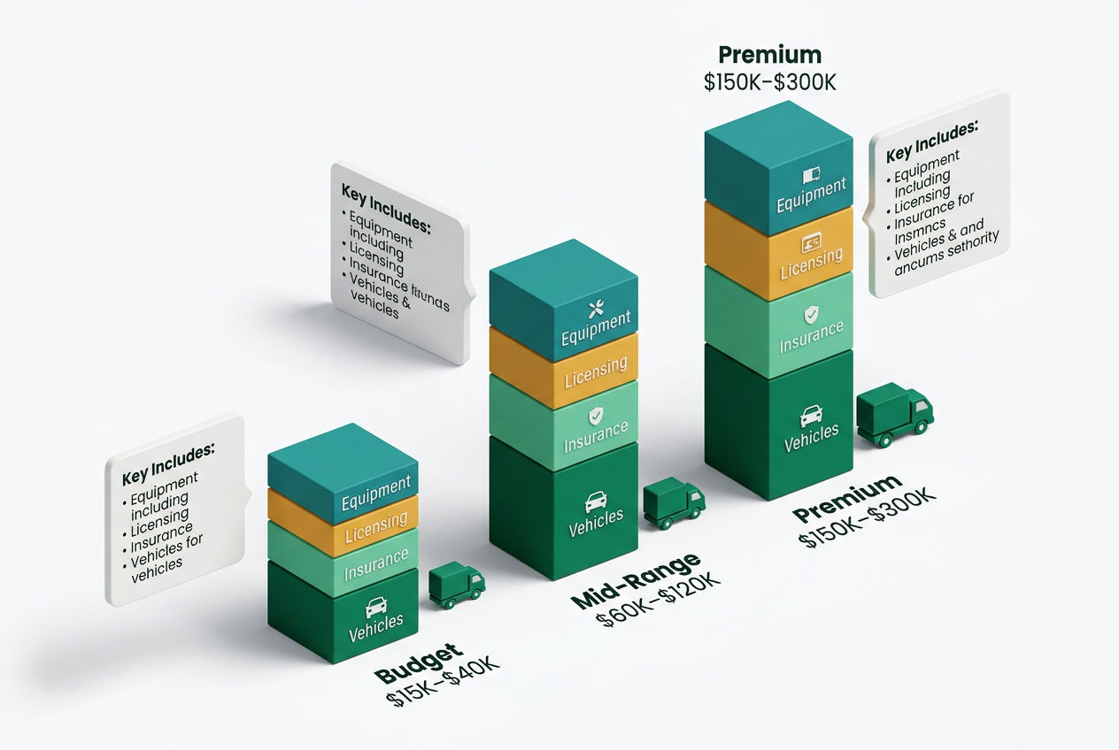 3D isometric bar chart comparing septic business startup costs across three tiers: budget, mid-range, and premium builds.