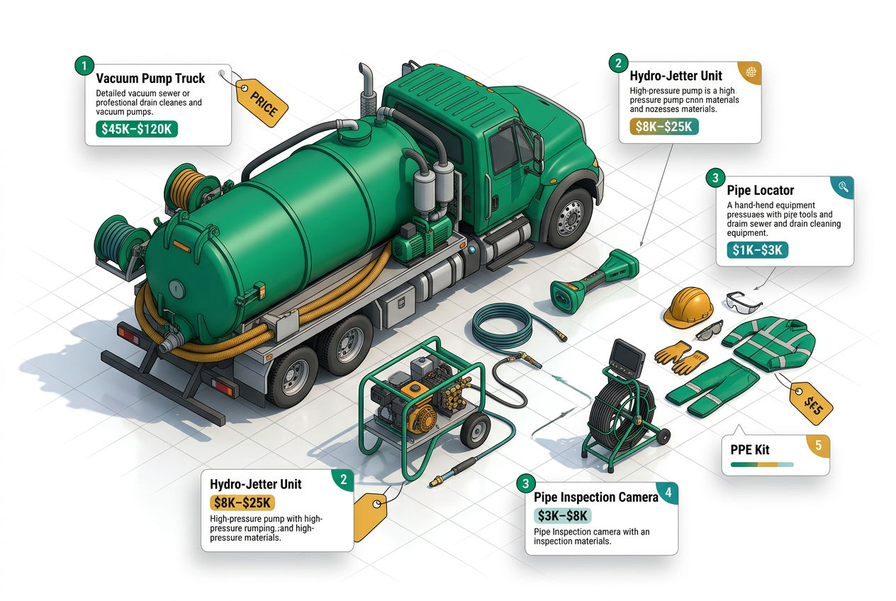 Isometric cutaway diagram displaying essential septic business equipment: pump truck, jetting unit, locating tools, and safety gear with cost labels.