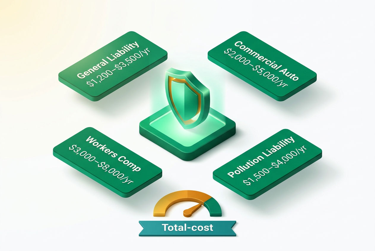 Isometric insurance coverage wheel and cost cards showing general liability, commercial auto, workers comp, and pollution liability annual premiums.