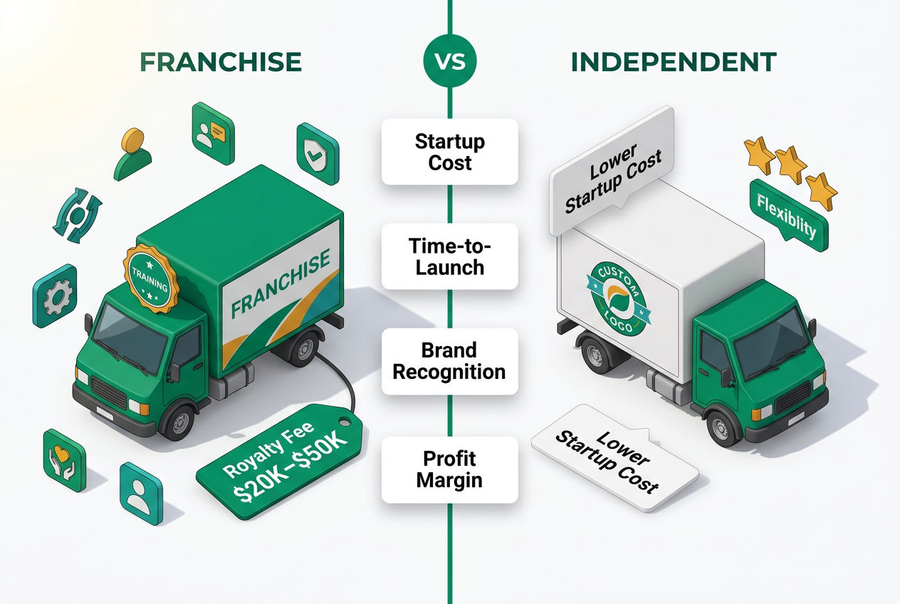 Split-panel isometric scene contrasting franchise and independent septic business paths with cost, support, and profit comparison icons.
