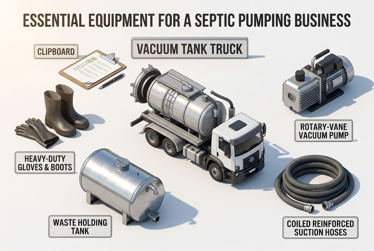 3D isometric exploded view of septic business startup equipment including a vacuum truck, pump, hoses, waste tank, and safety gear