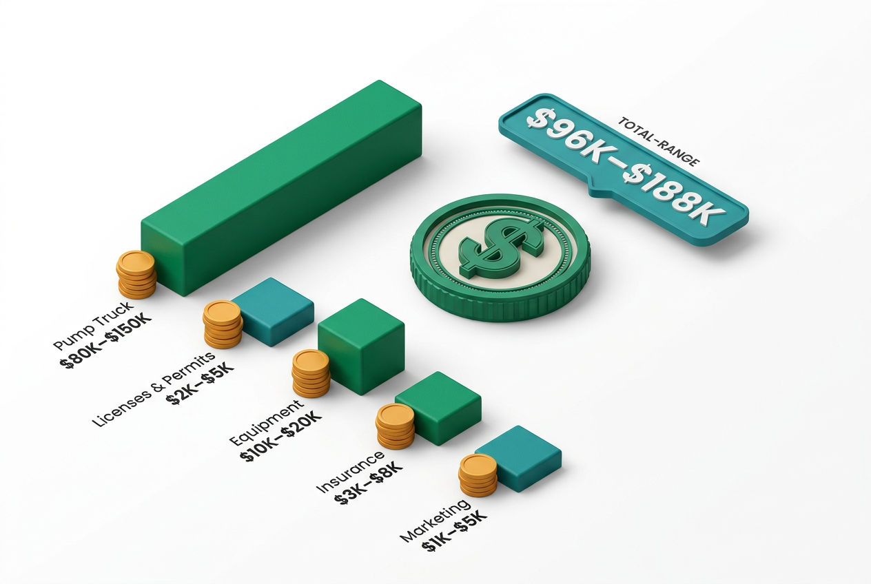 3D isometric bar chart comparing septic business startup costs: truck, licenses, equipment, insurance, and marketing expenses.