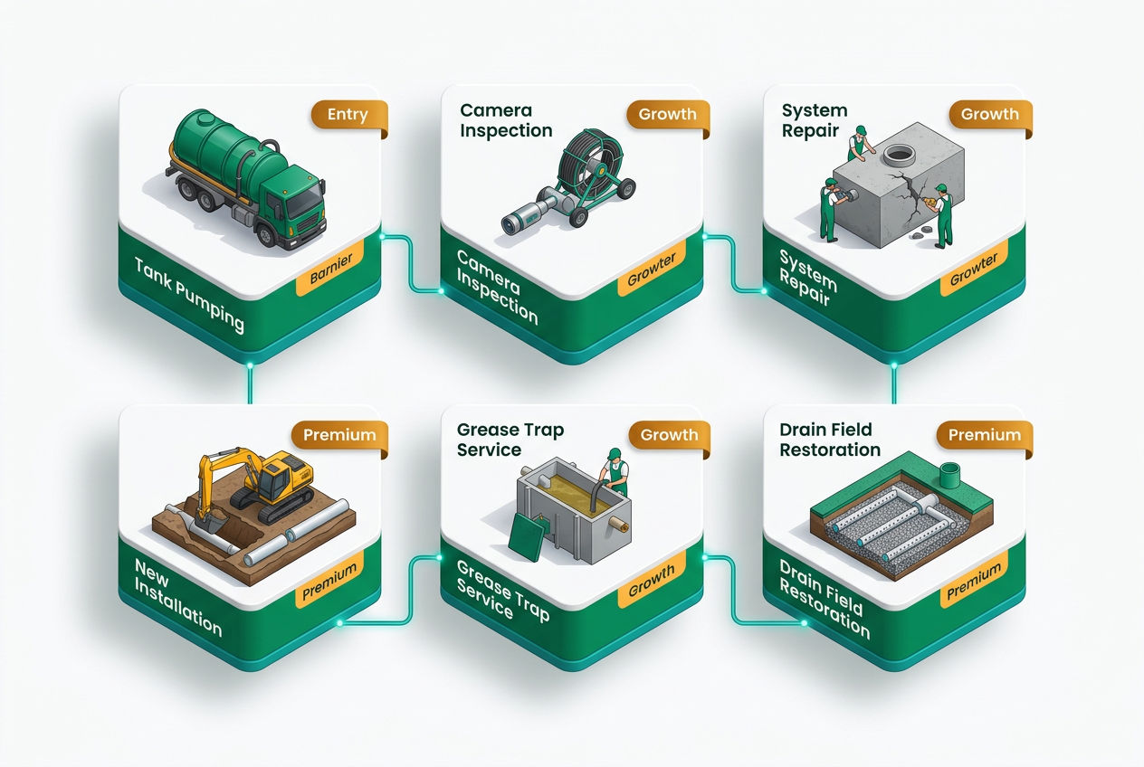 Isometric icon grid showing septic services: pumping, inspection, repair, installation, grease trap cleaning, and drain field restoration.