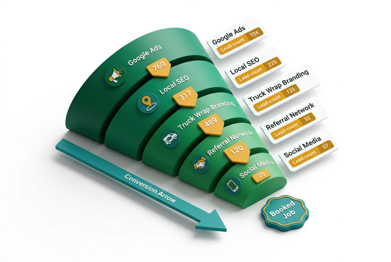 3D isometric marketing funnel showing Google Ads, local SEO, truck wraps, referrals, and social media channels driving septic leads.