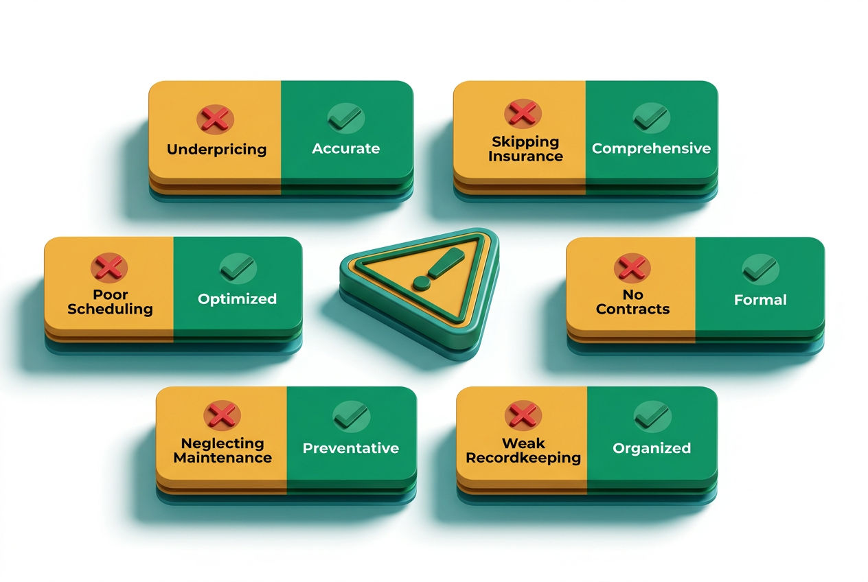 Isometric warning-card checklist of six common septic business mistakes with red X icons and emerald correction tips beside each.
