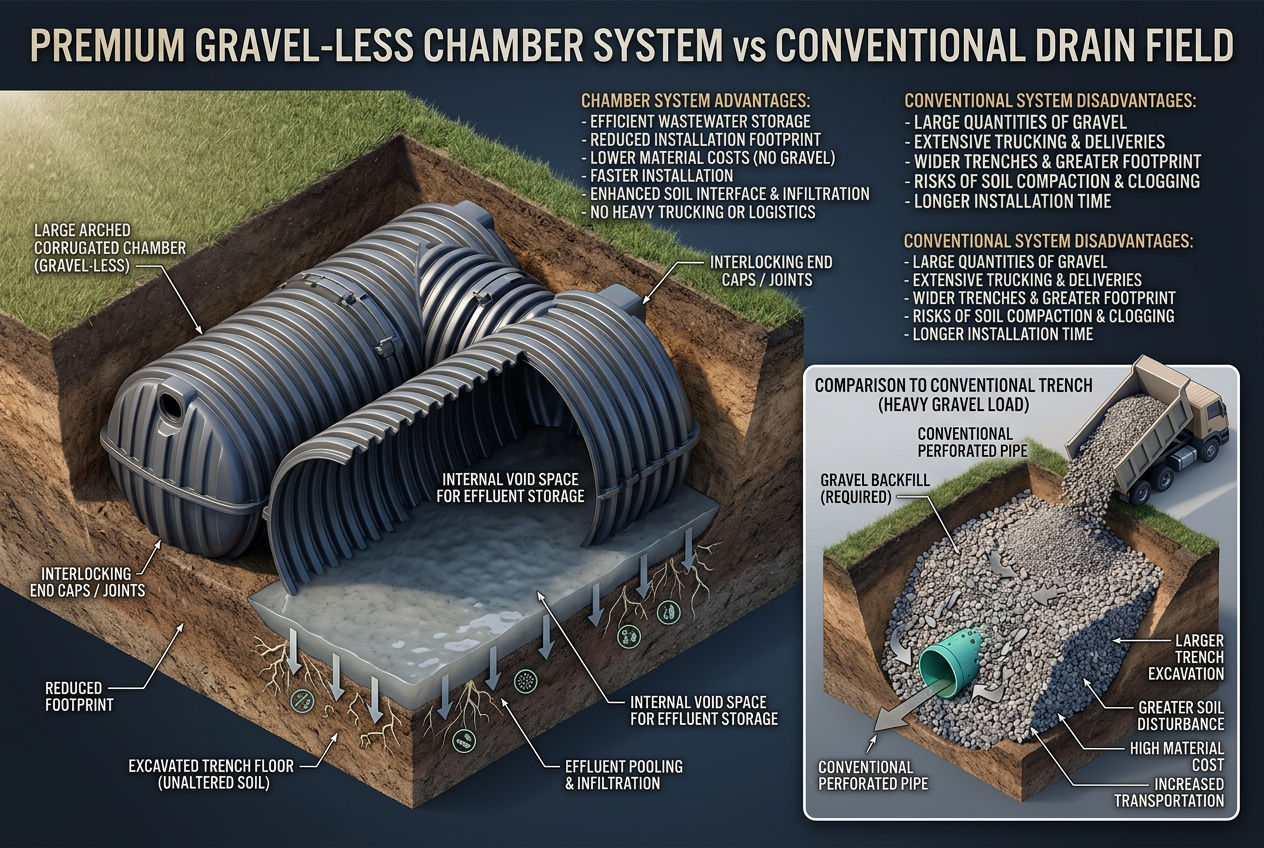Chamber system field line detail showing arched plastic chamber with open bottom and no gravel compared to conventional