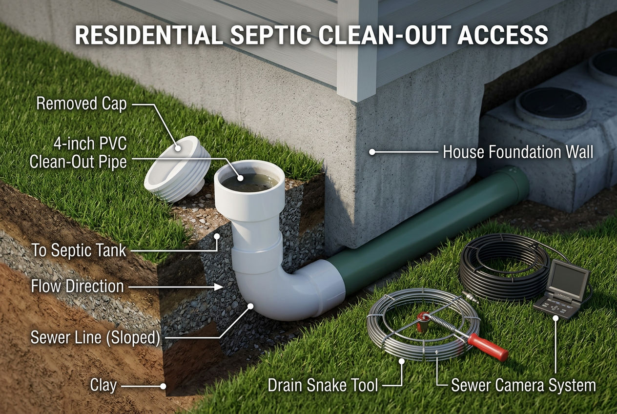 Septic clean out access pipe at ground level near house foundation showing open cap and sewer line inside