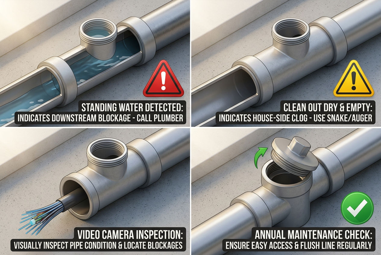 Four diagnostic scenarios using a septic clean out showing standing water dry pipe camera inspection and maintenance