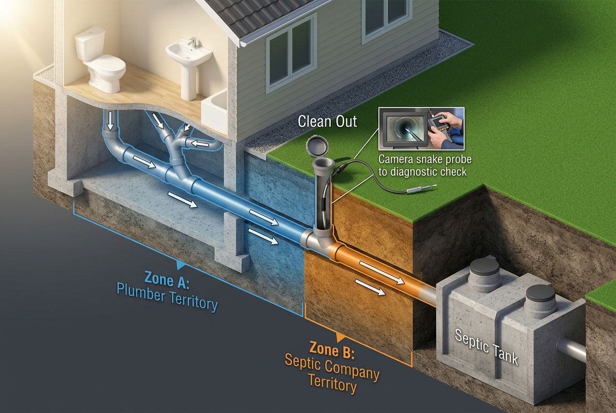 Sewer line cross-section showing clean out dividing system into Zone A plumber territory and Zone B septic territory