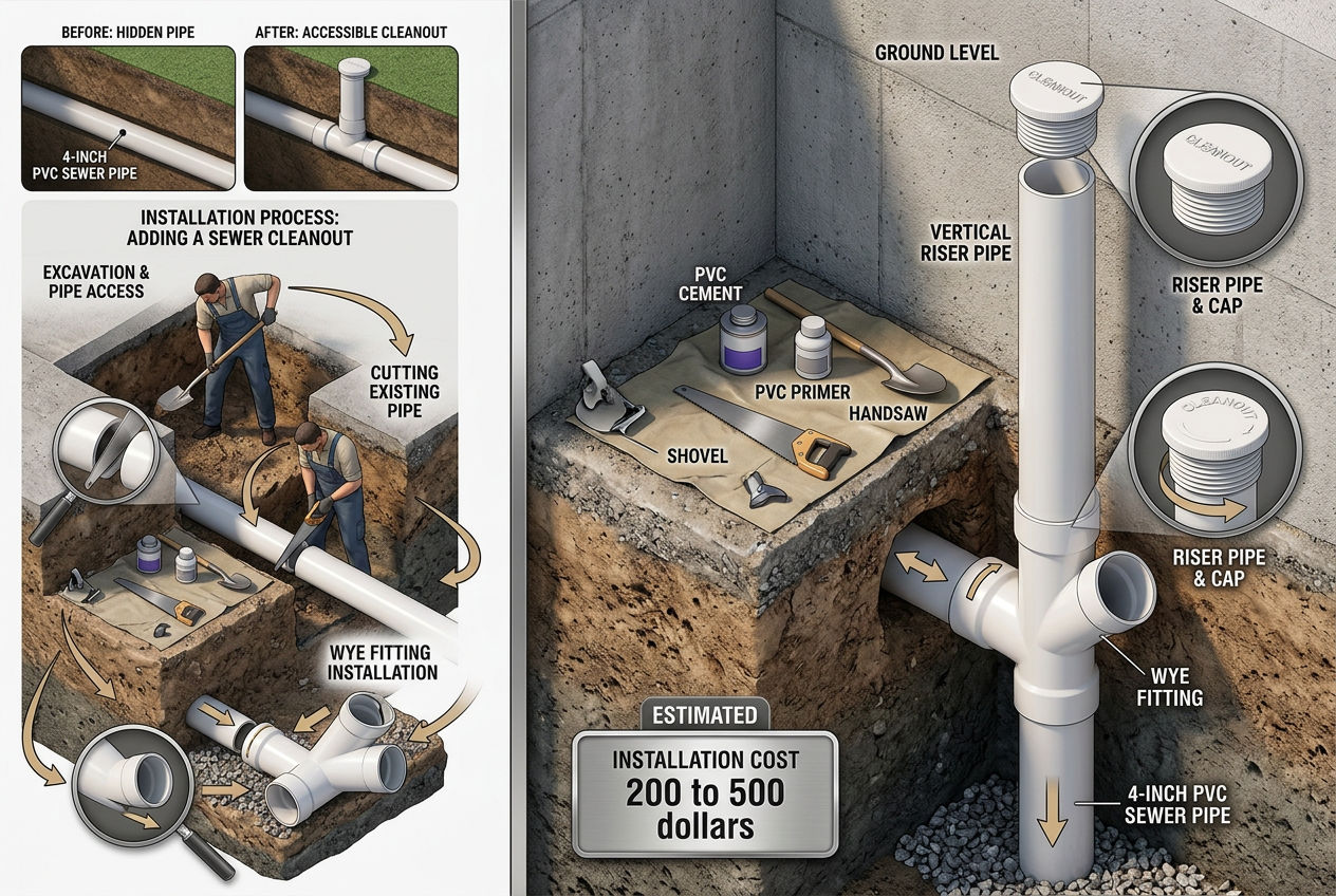 Plumber installing a septic clean out on an existing sewer line showing wye fitting vertical riser and cost range