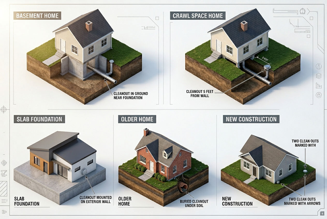Five home types showing different septic clean out locations including basement slab crawl space and new construction