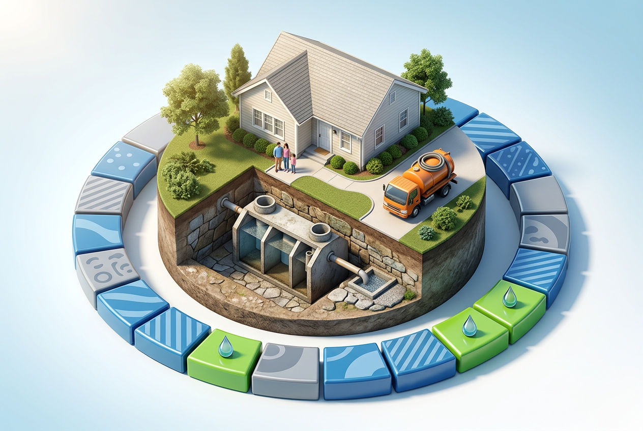 3D isometric infographic of a home with a service-interval calendar ring showing how often a septic tank needs cleaning