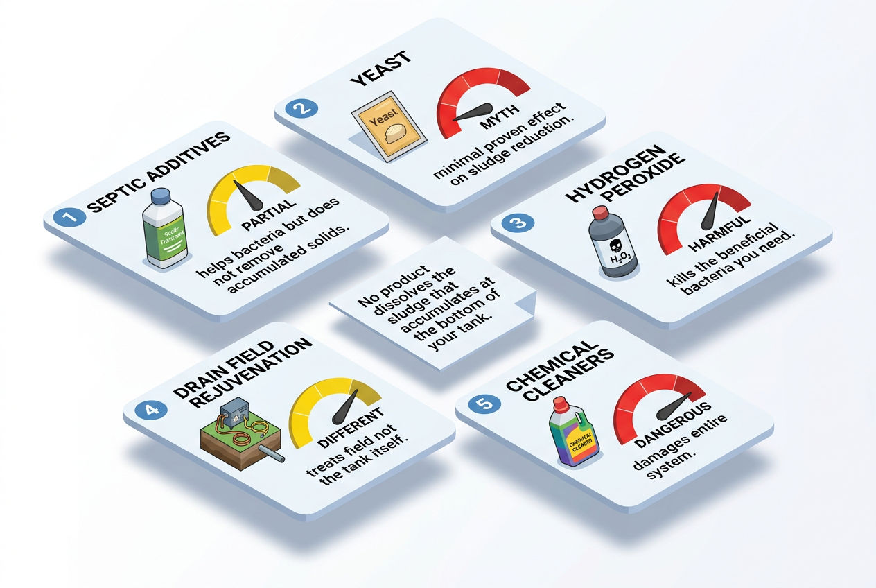 3D myth-busting grid rating five methods that claim to clean septic tanks without pumping