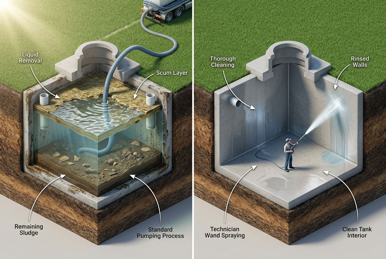 3D isometric comparison of septic pumping (partial removal) versus full septic tank cleaning (rinsed empty tank)