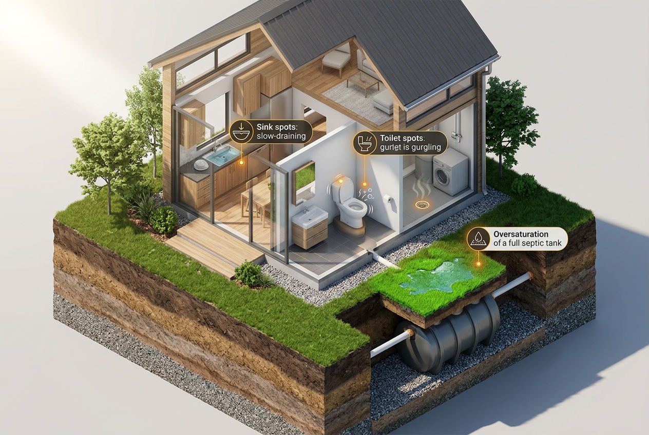 3D isometric cutaway home showing slow drains, gurgling toilet, and wet lawn — signs a septic tank needs cleaning