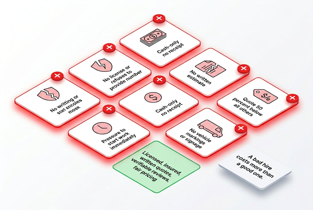 3D warning grid showing six red flags to watch for when hiring a septic service company