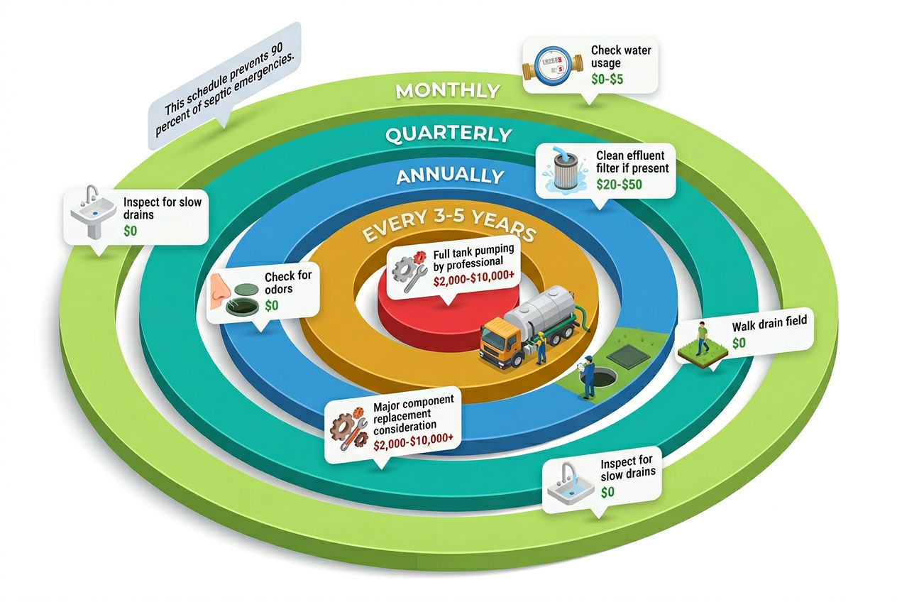 3D nested ring diagram showing septic service schedule from monthly checks to pumping every 3-5 years