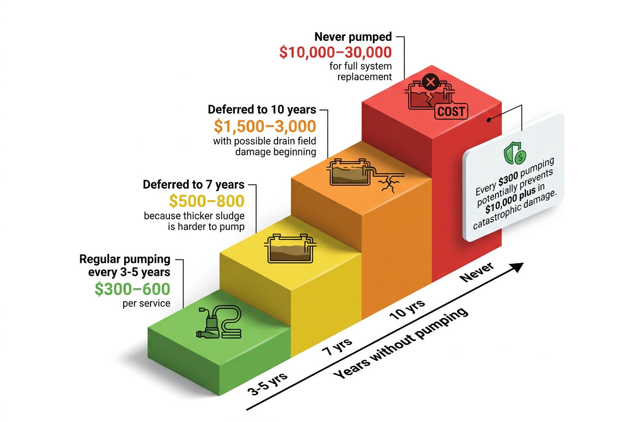 3D cost staircase showing escalating expenses from deferring septic tank pumping over years